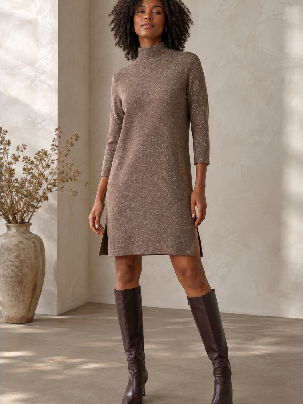 Chico's Travelers Taupe Metallic Gold Mock Neck Mini Dress Women’s Large 2